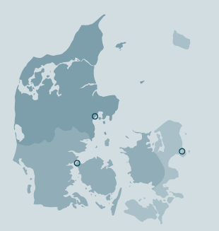 Et Danmarks kort med marking af lokation på ejendomscentre