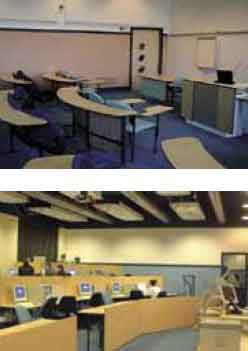 Banana-shaped desks in the lecture room
make it easy to alternate between group
discussions and lectures. The photo shows a
lecture room fitted out with office chairs and
computers behind each chair to allow the
students to alternate between independent
study, group work and lectures.