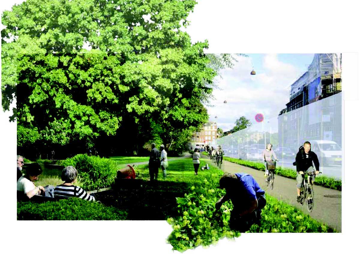 The future ‘Quiet Park’ where a noise
screen facing Ågade provides a peaceful
green space.