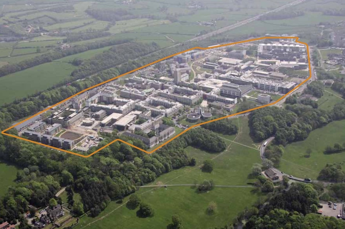 Lancaster University is like a small town surrounded by fields 5 km from Lancaster city.  