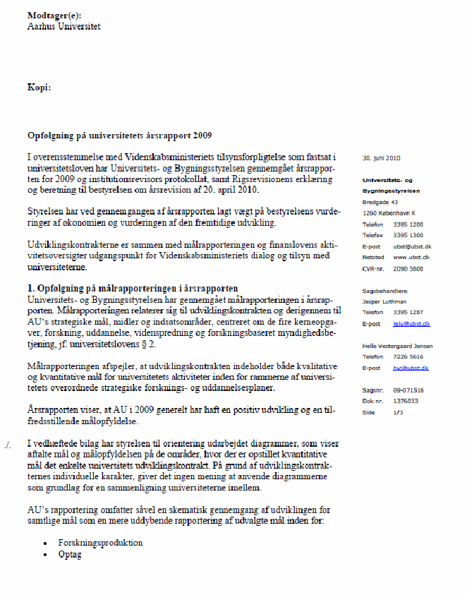 Bilg 1 af 9. Indscanning af brev fra Jens Peter Jacobsen til Aarhus Universitet angående opfølgning på Årsrapport af 30. Juni 2010.