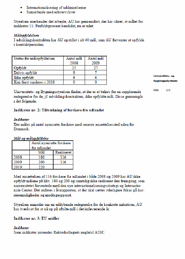 Bilg 2 af 9. Indscanning af brev fra Jens Peter Jacobsen til Aarhus Universitet angående opfølgning på Årsrapport af 30. Juni 2010.