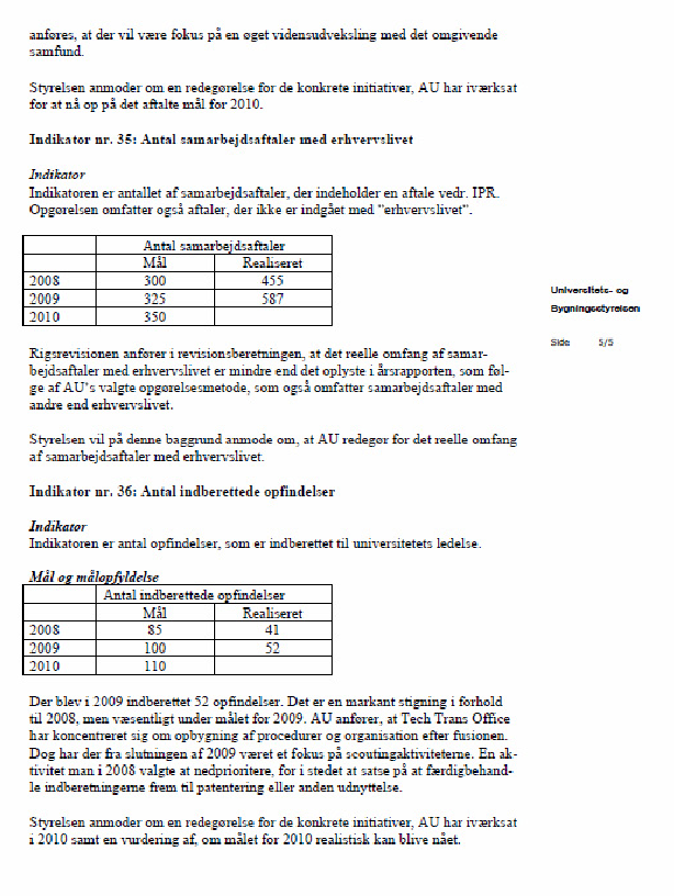 Bilg 5 af 9. Indscanning af brev fra Jens Peter Jacobsen til Aarhus Universitet angående opfølgning på Årsrapport af 30. Juni 2010.