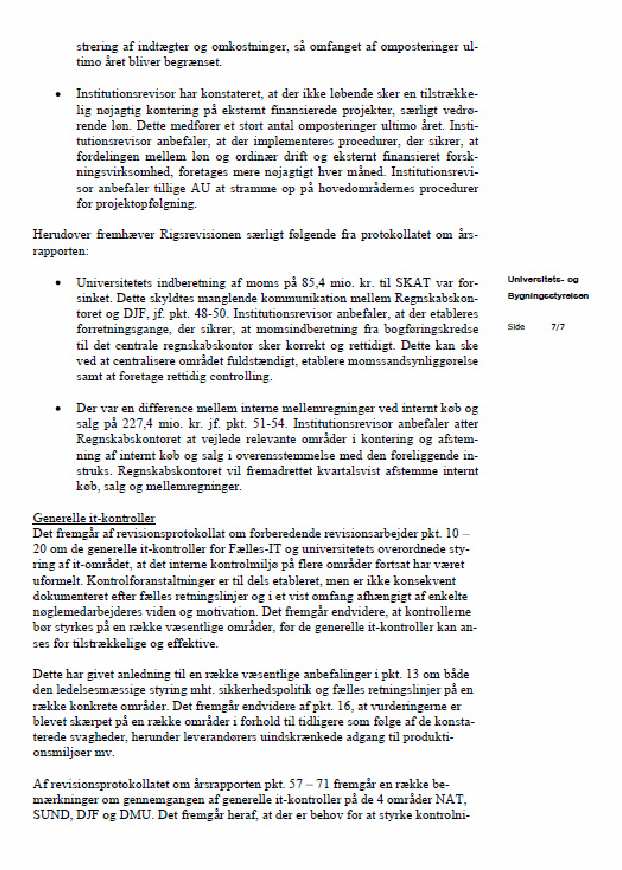 Bilg 7 af 9. Indscanning af brev fra Jens Peter Jacobsen til Aarhus Universitet angående opfølgning på Årsrapport af 30. Juni 2010.
