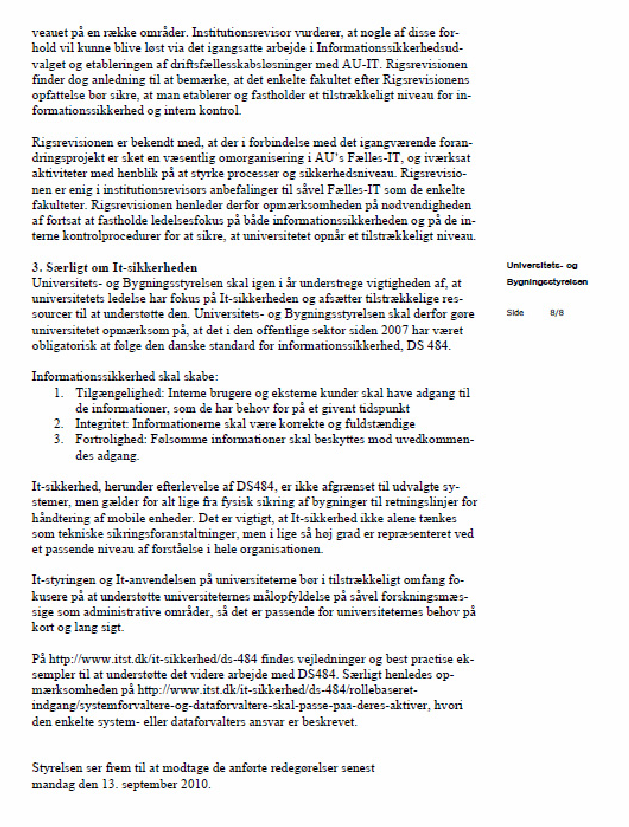 Bilg 8 af 9. Indscanning af brev fra Jens Peter Jacobsen til Aarhus Universitet angående opfølgning på Årsrapport af 30. Juni 2010.