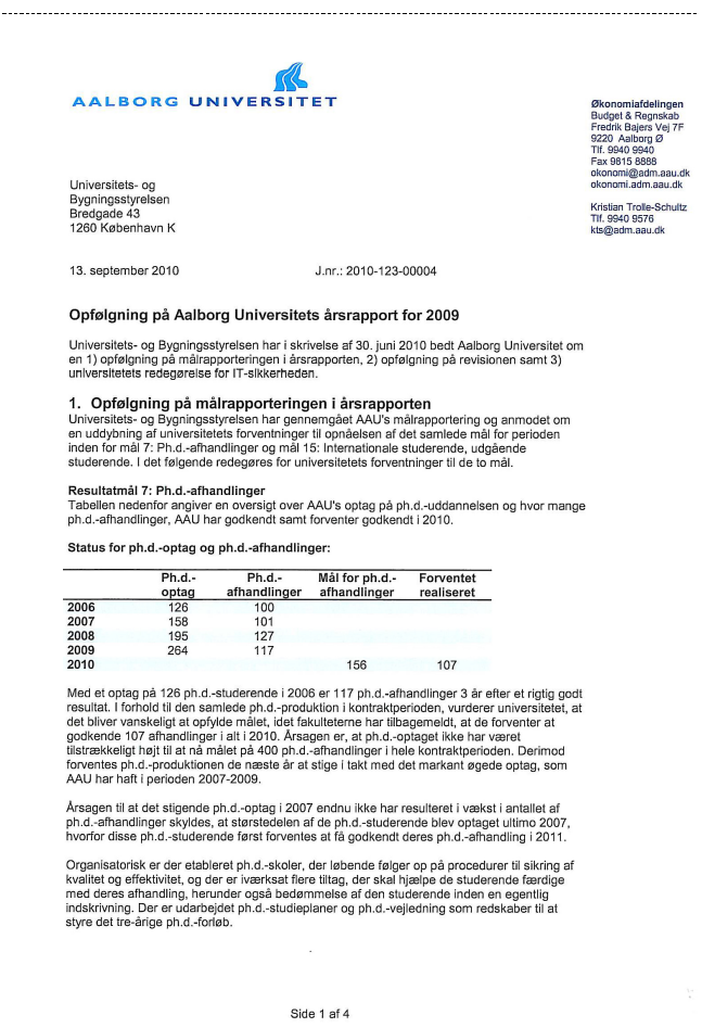 Side 1 af bilag 2. Indscannet brev 13. Sept. 2010. fra rektor ved Aalborg Universitet angående opfølgning på AAU årsrapport.