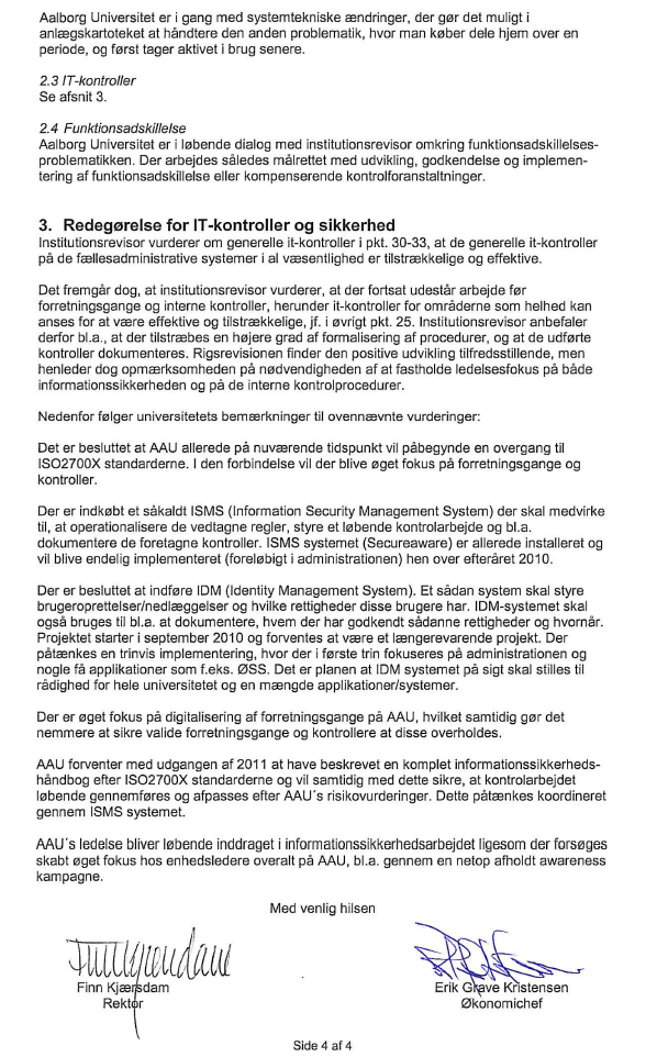 Side 4 af bilag 2. Indscannet brev 13. Sept. 2010. fra rektor ved Aalborg Universitet angående opfølgning på AAU årsrapport.