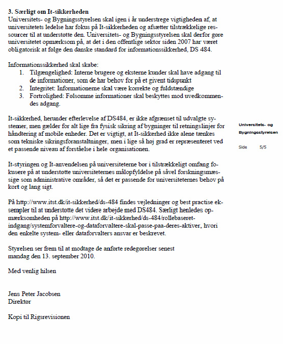 Bilg 5 af 9. Indscanning af brev fra niversitets- og Bygningsstyrelsens opfølgningsbrev på
Københavns Universitets årsrapport af 30. juni 2010.