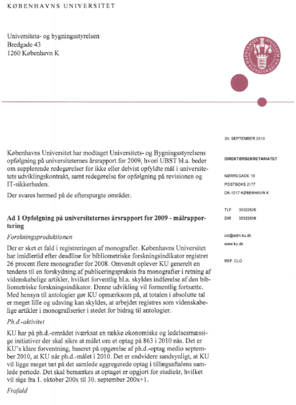 Bilg 1 af 3. Københavns Universitets svarbrev af 24. september 2010