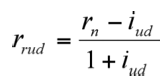 Formelen for beregning af realrenten. rrud er lig med (rn minus iud) divideret med (1 plus iud)