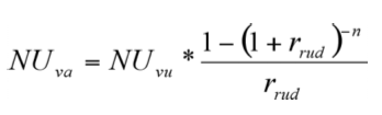 Formelen for Vedligeholdelsesomkostningerne. NUva = NUva gange (1 minus (1 plus rrud)opløftet i minus n) divideret med (rrud)