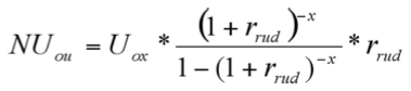 Formelen for beregning af nutidsværdien. NUou = Uou gange med (((1 plus rrud) opløftet i minus x)/(1 minus (1 plus rud) opløftet i minus x)) gange rrud