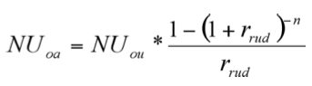 Formelen for den samlede absolutte nutidsværdi. NUoa = NUou gange med ((1 minus (1 plus rrud) opløftet i n) divideret med (rrud))