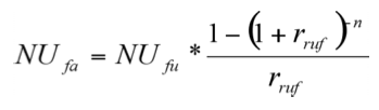 Formelen for forsyningsudgifter. NUfa = NUfu gange med ((1 minus (1 plus rruf) opløftet i n) divideret med (rruf))