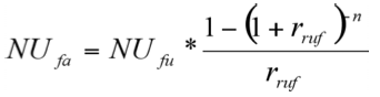 Formelen for fælles driftsudgifter. NUfa = NUfu gange med ((1 minus (1 plus rruf) opløftet i n) divideret med (rruf))