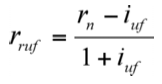 Formelen for beregning af realrenten forsat. rruf er lig med (rn minus iuf) divideret med (1 plus iuf)