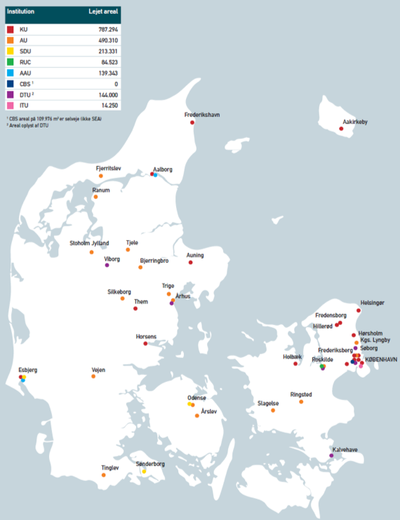 Danmarks kort over universiternes ejendom i kvadratmeter. Uddybende tabel ses nedenfor.