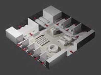 03
The unit surrounds the arena and contains
laboratories with basic installations, support
laboratories, rooms with appliances, offices,
workstations as well as rooms for in-depth
study.