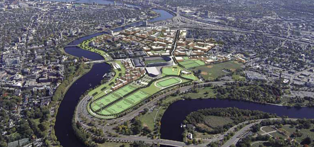 Development plan for the Allston
area. Cambridge Campus can be seen to the
right in the picture.